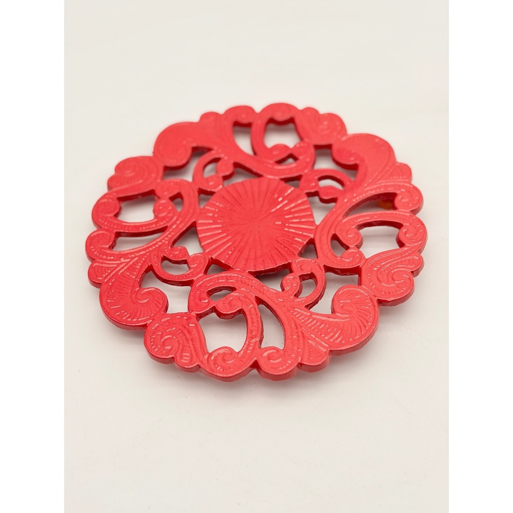 Vintage Red Cast Iron Trivet Round Enamel Filigree Scrollwork 8 Inch Hot Pad